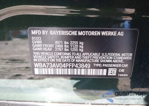 2023 BMW 430I Gran Coupe xDrive z USA, uszkodzony, nr VIN WBA73AV04PFP43849